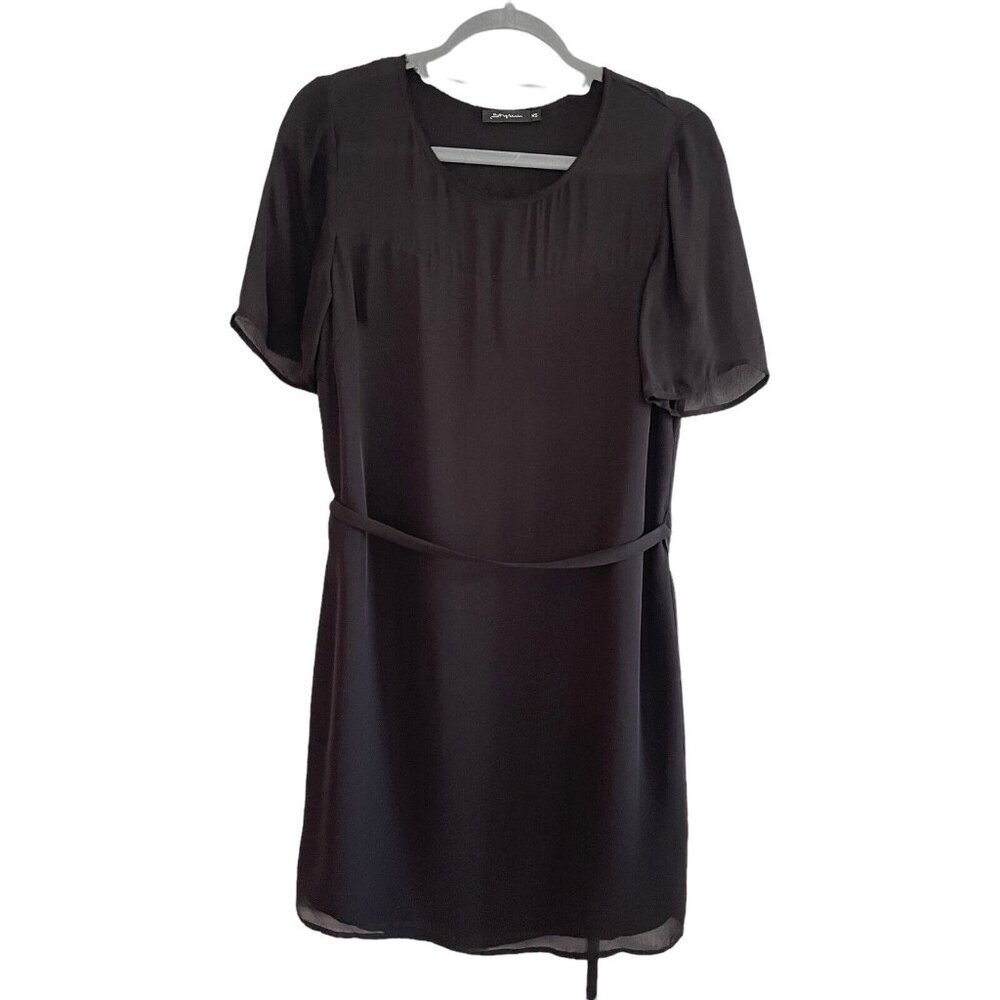 Stylein Size XS Black Silk Short Sleeve Belted Dress Draped Back LBD Chiffon